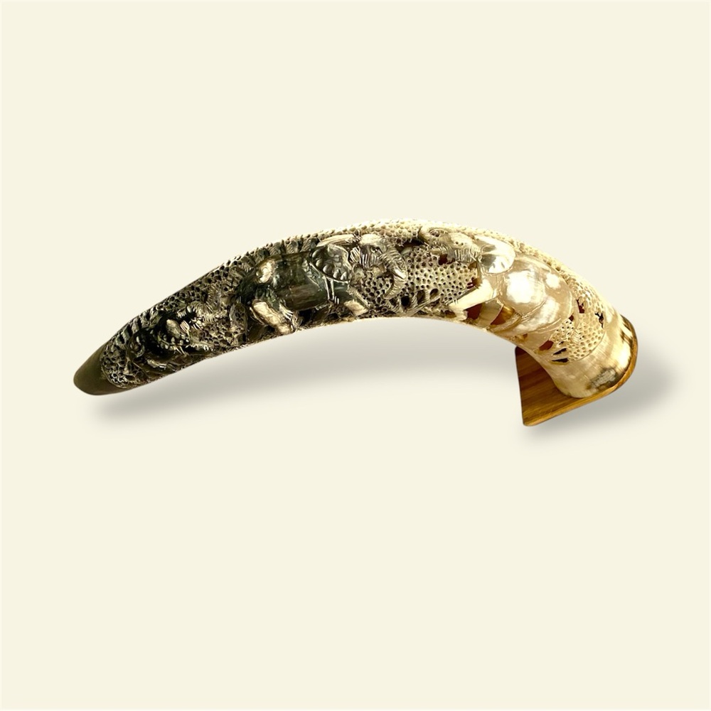 Carved Pierced Water Buffalo Horn Elephant Scene on Wood Base Display